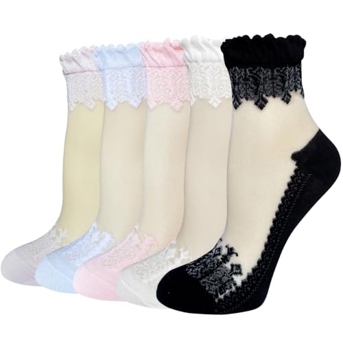 Image of DXYAKY 5 Pairs Sheer Floral Socks for Women, Lightweight Mesh Ankle Lace Socks, Breathable Summer Cute Transparent Stockings