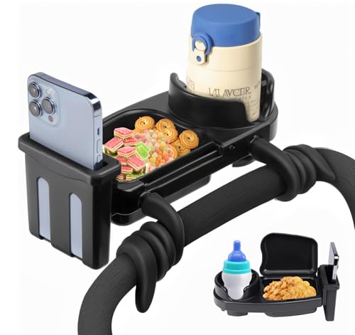 absolove Getränkehalter Kinderwagen 3-in-1 mit Snack Tablett, Becherhalter & Handyhalter abnehmbar 360° drehbar Kinderwagen tablett für Rollator Fahrrad