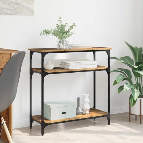 LoogCape Table console en bois vieilli 75 x 29 x 75 cm, en bois avec cadre en métal, 2 étagères, table d'appoint, table de chevet, couloir, espace de rangement pour salon, bureau