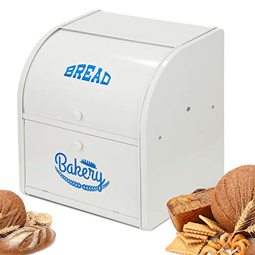 Pitmoly Metal Bread Box for Kitchen Countertop - 2 Layer Roll Top Storage - Stainless Steel Airtight Holder for Fresh Homemade Bread (White)