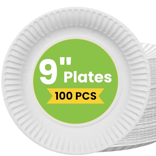 Astro Maison 100 Pack Paper Plates 9 inch | Biodegradable Disposable Plates for Parties, BBQs, Picnics | Eco Friendly Compostable White Paper Plate | Leak Resistant & Microwave Safe