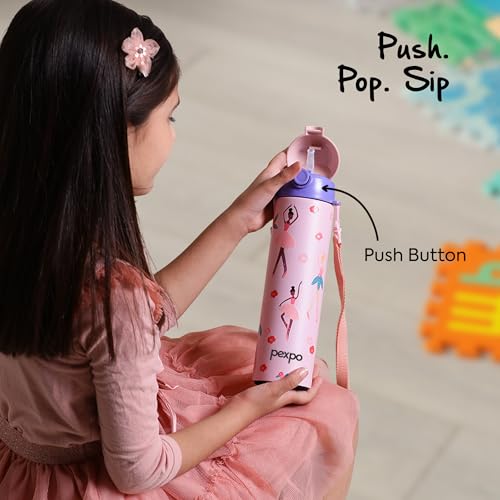 Image of Go24 pexpo Sporty ISI Certified Stainless Steel Water Bottle For School Kids - 700ml | 6+ Years | Sipper Cap | Leakproof & BPA Free | Picnic, Travel, Sport - Pink Dancing Girl UV Print