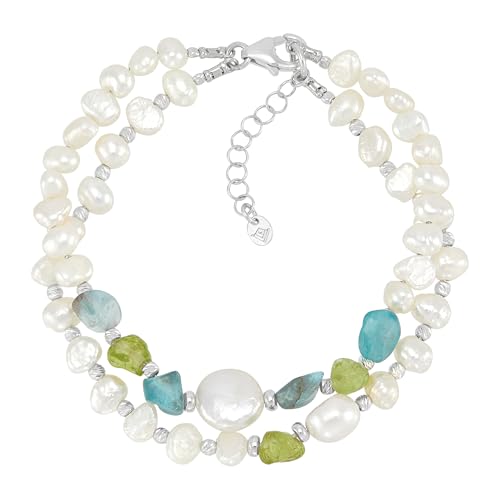 Silpada 'Blooming Garden’ Sterling Silver Freshwater Cultured Pearl, Peridot, and Aquamarine Chain Bracelet, 7” + 1”3
