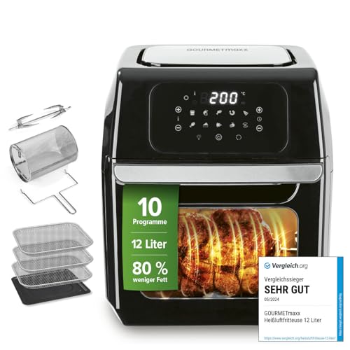 GOURMETmaxx Digitale XXL Heißluftfritteuse 12 Liter | Mit 10 Programmen, Zubehör ist spülmaschinengeeignet, größeres Sichtfenster | Edelstahl Design [1.800 Watt/Schwarz]