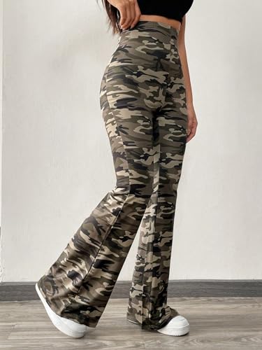 OYOANGLE Women's Camo Flared Pants High Waisted Tummy Control Skinny Leggings Bell Bottom Trousers4