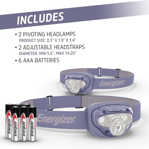Image of Energizer LED Headlamp PRO (2-Pack), IPX4 Water Resistant Head Light | Hands-free light, camping headlamps for indoor and outdoor use, 260 lumens, head lights for forehead, 3 modes