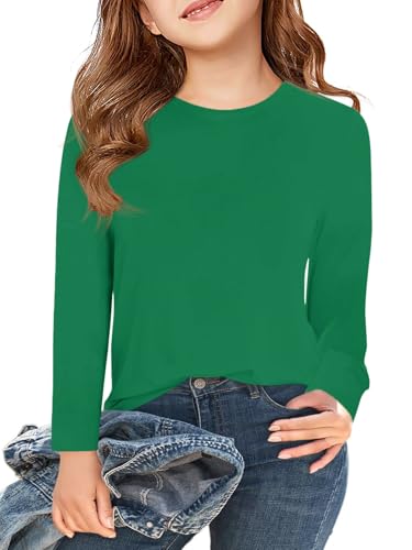 Haloumoning Camiseta de manga larga para niña, cuello redondo, camiseta de manga larga, informal, básica, 5-14 años, verde oscuro, 11-12 años
