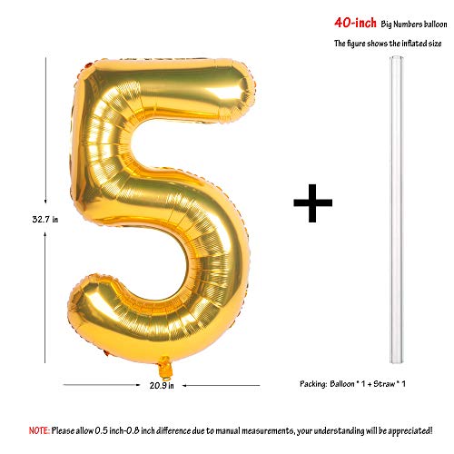 Image of 40In Large Gold Number Balloon 5 Aluminum Foil Mylar Big Number Balloon 0-9 | Suitable for Gold Birthday Parties, Weddings and Anniversary Photography