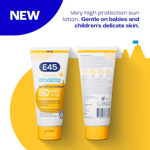 E45 Kids & Baby Sun Lotion for Sensitive Skin SPF 50+. Face & Body Gentle Sun Cream with UVA & UVB Protection with Avocado Oil. For Dry Sensitive Skin and Eczema Prone Skin -180 ml