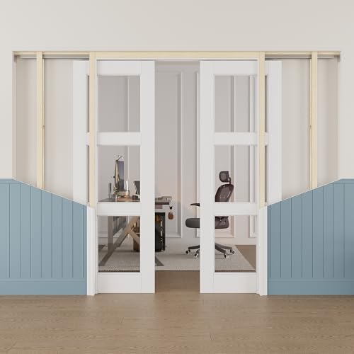 Image of 36 inch x 80 inch (Double 18 inch x 80 inch) 3-Lite Clear Glass Pocket Door, Soft-Close Sliding Pocket Door with Frame & Hardware Kit Set, Primed All-Inclusive Interior Door Slab for Home, White, Need to Assemble