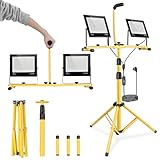 SINGTIP Baustrahler LED mit Stativ, 200W 15000LM Baustellenlampe, 360° Drehbar | IP66 Bauscheinwerfer | 3m Kabel | Arbeitsleuchte Höhenverstellbar 65-160cm für Werkstatt Baustelle Garage