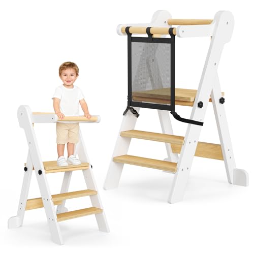 Torre de Aprendizaje Montessori con Red de Seguridad: Plegable, ocupa Poco Espacio y es Regulable en Altura; Madera Natural; protección antivuelco; para niños a Partir de 1 año; Peso: 50 kg