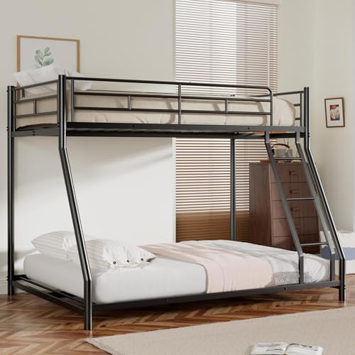Miscoos Twin Over Full Bunk Bed, Heavy Duty Metal Bunk Beds with Padded Anti-Slip Ladder & Full-Length Guardrails, Low Full-Size Bottom Bunk, Noise Free, Space-Saving Bunk Bed Frame, Black