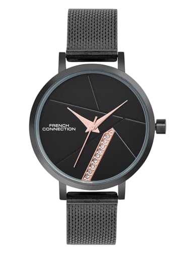 Image of French Connection Sunray Black Round Dial with Black Stainless Steel Mesh Strap Watch - for Womens FCN0137BM
