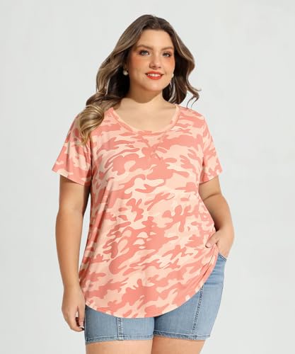 Image of CARCOS Plus Size Tops for Women Short Sleeve Shirt Summer Star /Leopard /Tie Dye /Flower Crewneck Pullover Tunic XL-5XL