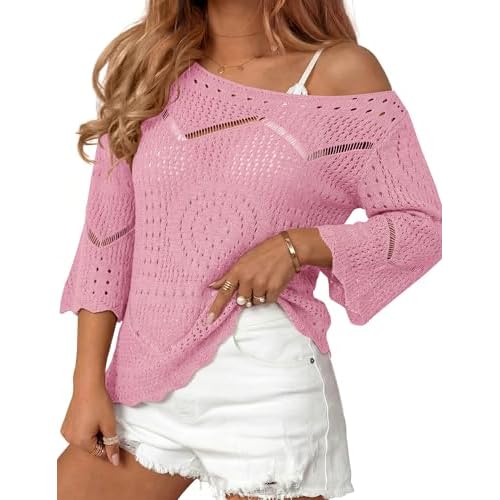 Rapbin Womens Crochet Hollow Out Knit Tops 3/4 Sleeve Spring Summer Sweaters Beach Cover Ups for Women Trendy 2026