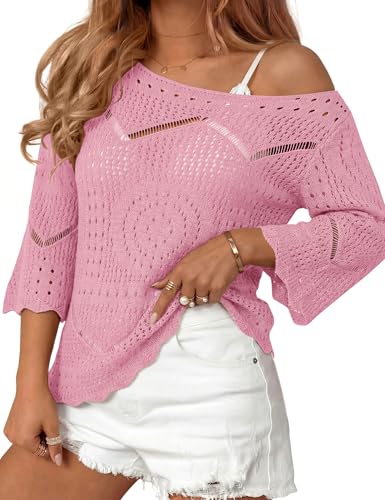 Image of Rapbin Womens Crochet Hollow Out Knit Tops 3 /4 Sleeve Spring Summer Sweaters Beach Cover Ups for Women Trendy 2026