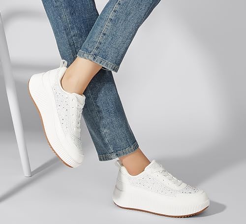 لاكي ستيب حذاء رياضي بكعب سميك للنساء مزين باحجار الراين بتصميم عصري كاجوال لامع ومضفر (ابيض Rh، 41EU-10US)