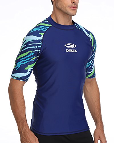 AXESEA Men's Short Sleeve Solid Swimsuit Sun Protection Rashguard Swim Shirt UPF 50+2