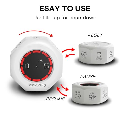 Flip Cube Pomodoro Timer - Rechargeable Visual Countdown & Count Up Stopwatch, 7 Preset Intervals, 3 Alarm Modes, Productivity Tool for ADHD, Kids, Study, Work & Kitchen (White) - Image 3