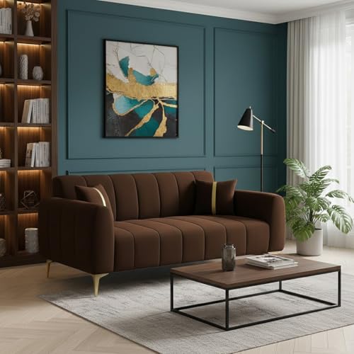 Image of Furny Harmon 2 Seater Fabric Sofa Set (Dark Brown) | Soft Velvet Fabric | Modern Design | Comfortable Seating | Living Room Furniture