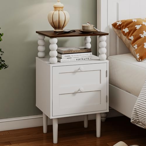 Image of Veegle White Nightstand,Mid-Century Modern Bedside Table with Storage Drawer and Open Wood Shelf, for Bedroom and Small Spaces,Night Stand with Solid Wood Legs (White)