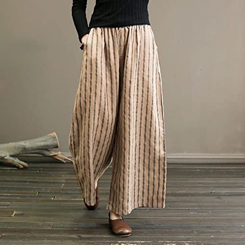 Linen Pants Women Wide Leg High Waist Palazzo Pants Casual Striped Flowy Lounge Pants Beach Vacation Trousers2