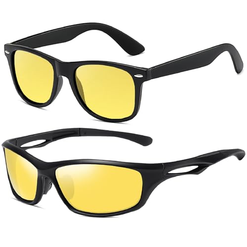 Joopin Big Square & Sport Night Vision Glasses Bundle, Trendy Anti Glare Night Glasses UV Protection Vintage Nighttime Sunglasses Retro Yellow Shades for Men Women