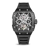 WISHDOIT Tonneau Montre mécanique automatique pour homme en acier inoxydable Style sport étanche Saphir Cristal Caoutchouc Bracelet interchangeable, noir
