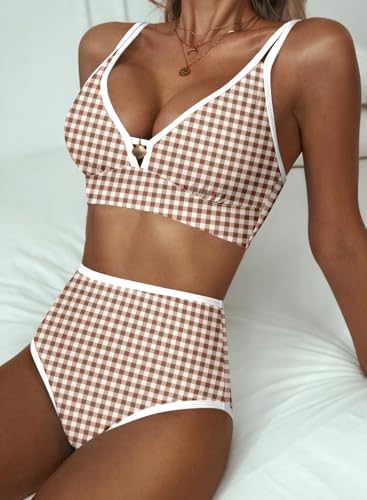 Herseas Women's 2 Piece High Waisted Bikini Sets V Neck Removable Pad Swimsuits 2026 Summer White Binding Flattering Bathing Suit Beach Vacation Outfits Brown Checkerboard X-Small — view 5