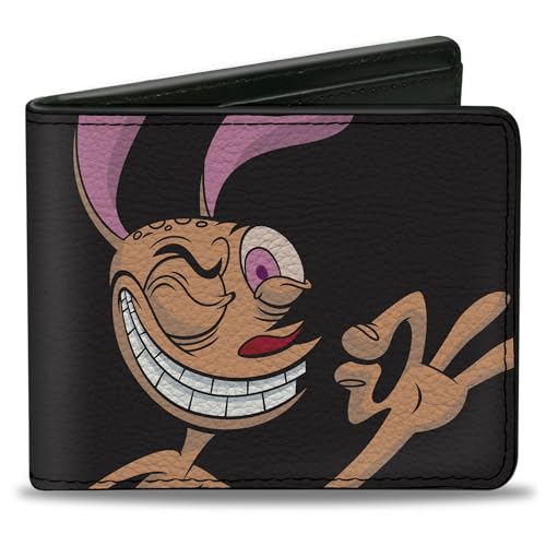 Buckle-Down Men's Nickelodeon Wallet, Bifold, Stimpy Show Ren Winking Pose Close Up Black, Vegan Leather, 4.0