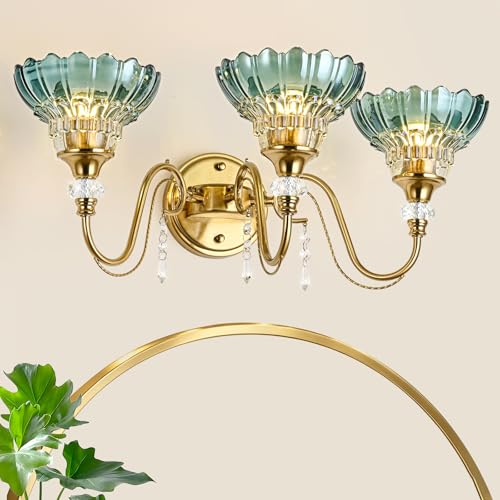 Image of Vintage Bathroom Vanity Light, 3-Light Brushed Gold Finish Wall Sconce with Hanging Crystal Accents and Flower-Shaped Teal Glass Shades, Retro Wall Mount Vanity Light Over Mirror for Bathroom