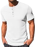Runcati Men's Henley Shirts Short Sleeve Casual Ribbed Knitted Summer T-Shirt Slim Fit Workout Muscle Tops White