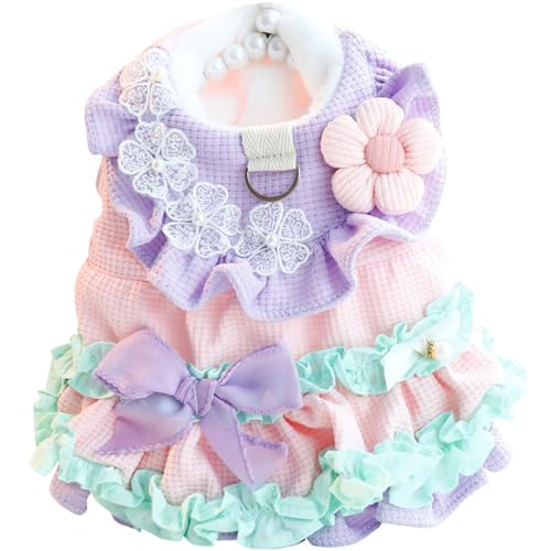 ISUPY ペット服 犬の服 猫の服 ワンピース ドレス 裏起毛 洋服 ペットウェア 可愛い チェック柄 蝶結び お姫様 犬猫洋服 小中型犬 コスチューム お散歩お出かけ服 クリスマス 着物 防寒 (XS,ピンク)のサムネイル