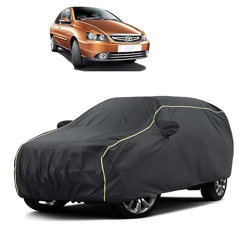 Image of Sulfar 100% Water Resistant Car Body Cover Compatible with Mirror for Tata Indigo CS (Triple Stitched, Full Bottom Elastic, Dark Grey Taffeta with Yellow Piping)