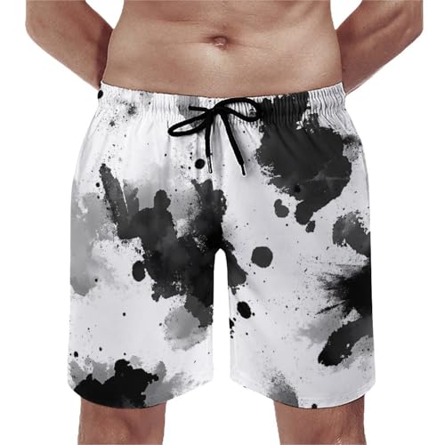 Tie-Dye Black and White Ink Jet Men's Swim Trunks Board Shorts Beachshorts Swimsuits with Pockets Mesh Liner