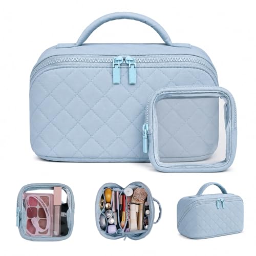Image of Batfield Makeup Pouch Bag for Women, 2Pcs Waterproof Puffer Set with 180 Flat Open, Travel Large Capacity Makeup Bag for Women with Brush Compartment & Handle for Vacation, Business Trip (Blue)