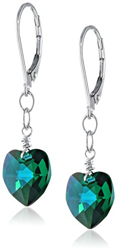 Amazon Collection Sterling Silver Swarovski Elements Emerald Colored Aurora Borealis Heart Shape Drop Earrings