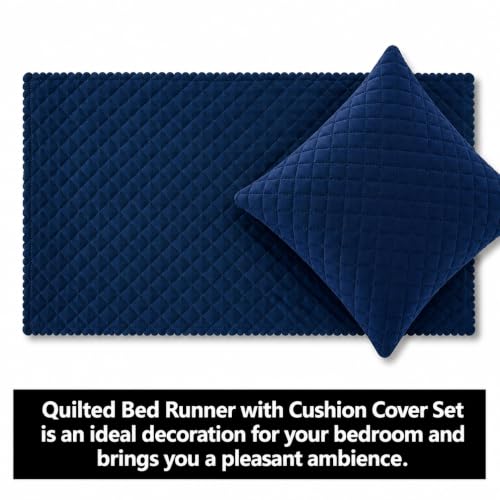 Image of KIB 200 TC Navy Blue Velvet Usey Quilting Bedsheet Runner Set 18x96 Inch with 2 Cushion Covers 16x16 Inch | Bedrunner for Double Bed Soft Luxury Hotel Style Bedding Decoration (Pack 1)