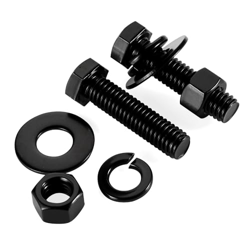 Image of 5 /16-18 x 3 inch Hex Head Screws Bolts, Nuts, Flat & Lock Washers, Fully Threaded, Stainless Steel 18-8, Black Finish, 8 Sets
