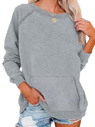 EADINVE Sudadera casual de cuello redondo para mujer con bolsillos, ajuste holgado, suave, manga larga, ligera, ropa de otoño, Gris, Large