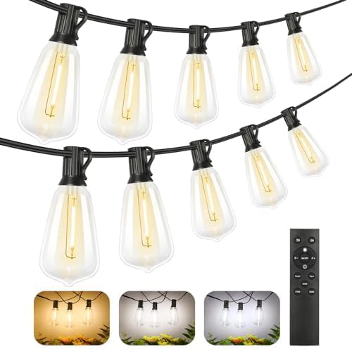 Brightever 3 Color in 1 LED Outdoor String Lights with Remote, 100FT Edison Hanging String Lights for Outside Dimmable, Outdoor Lighting for Patio Café Bistro with 52 ST38 LED Bulbs, 2700K/4000K/5000K