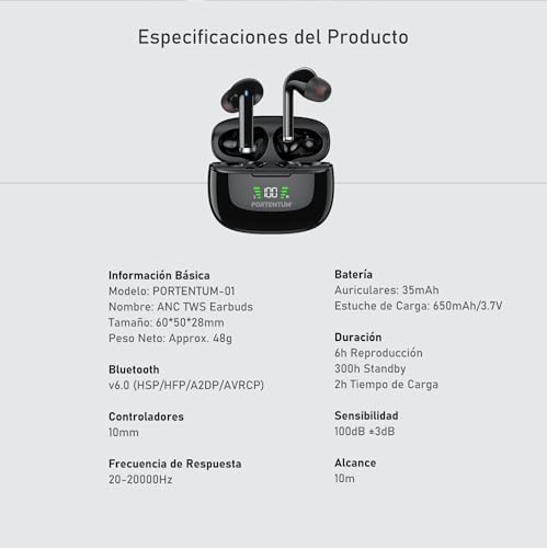 PORTENTUM Auriculares inalambricos Bluetooth 6.0 – Cancelación de Ruido Hybrid ANC + ENC – 60h – Cascos Control táctil Impermeables IPX6 – Pantalla LED – Graves HiFi 10 mm – Ajuste cómodo – USB-C