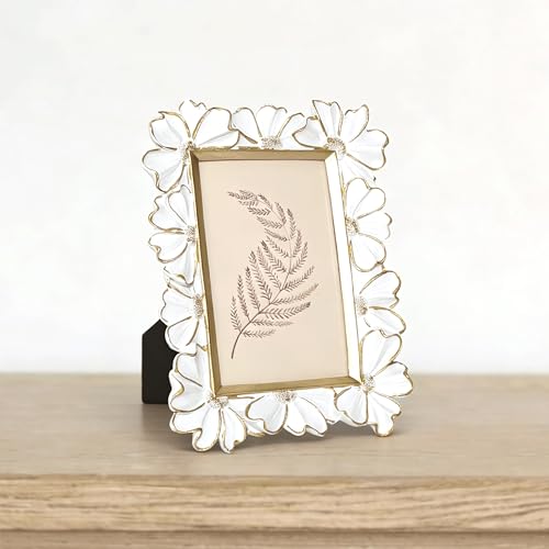Image of Antique Floral Picture Frame - Resin & Glass Victorian-Style Frame for Tabletop or Wall Decor (White, 3 inch x 5 inch)