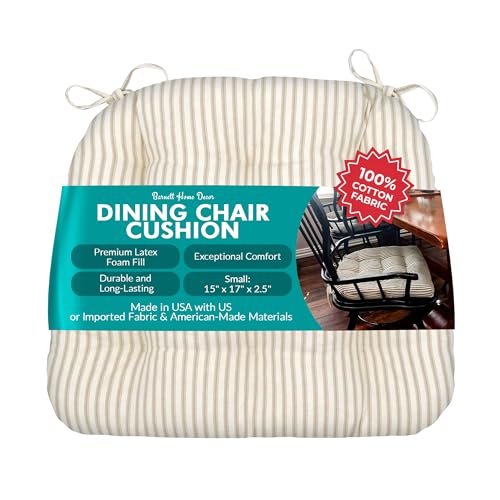 Barnett Home Decor Ticking Stripe Natural Dining Chair Pad with Ties - 15 x 17 Size Small Chair Cushion - Latex Foam Fill - Machine Washable, Reversible, 100% Cotton, Made in USA (Beige Ivory)