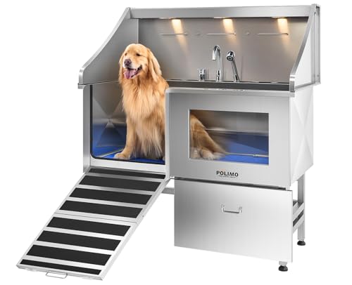 POLIMO Dog Washing Station, LED Professional Stainless Steel Dog Bathing Station 50', Dog Grooming...
