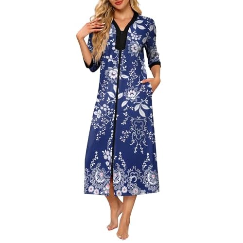 Ekouaer Women’s Zipper Robe 3/4 Sleeves Housecoat Full Length Nightgown Soft Loungewear Robe with Pockets S-3XL
