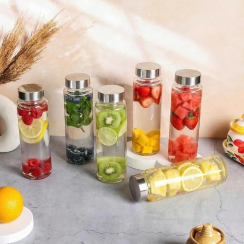 Image of CROCO JAR Wide Mouth Glass Water Bottle with Leak-Proof Airtight Double Layer Stainless Steel Lid for Water, Smoothie, Juices (500ML STEEL PK2)