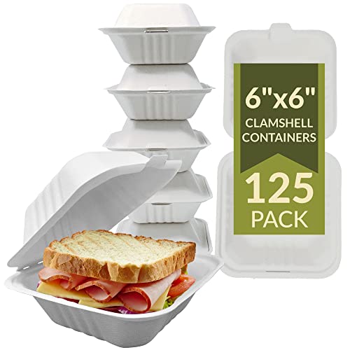 Reli. Compostable Clamshell To-Go Containers (125 Pack Bulk), 6X6 Inch | 1 Compartment | Disposable Food Containers/Take Out Food Box | Biodegradable Bento Cake Box | Bagasse Clam Shell | White 6X6 #TOP17