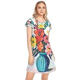 Mnsruu Chemise de nuit à manches courtes pour femme   Chemise de nuit confortable   Chemise de nuit décontractée   Vase à fleurs colorées, Vase à fleurs colorées, S